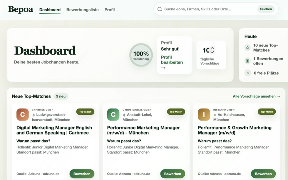 Bepoa-Dashboard mit automatisch vorgeschlagenen Stellen