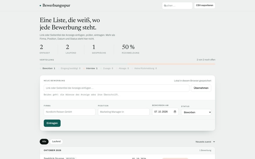 Oberfläche der Bewerbungsübersicht